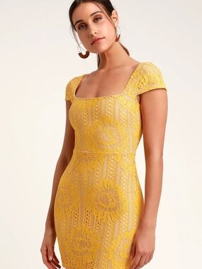 Lulu's Sunny Yellow Lace Square-Neck Midi Dress
